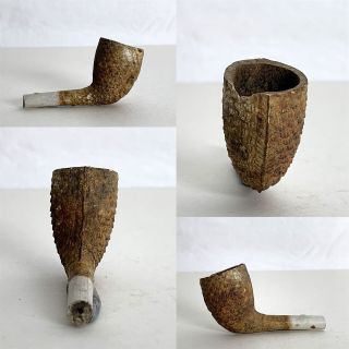 Antique Clay Pipe Bowl With Foot & Part Of Stem - Fish Scales Design