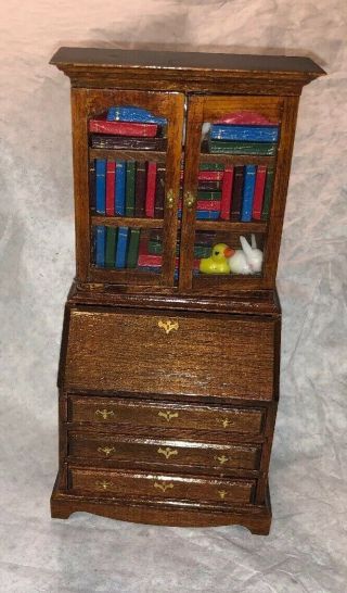 Vintage Wood Bookcase Secretary Desk Dollhouse Miniature Wood W Books