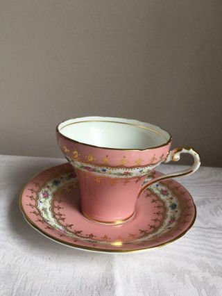 Vtg Aynsley Pink & Gold Corset Tea Cup & Saucer,  Band Of Roses & Blue Flowers