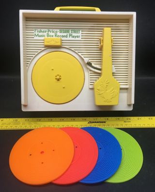 1984 Vintage Fischer Price Sesame Street Record Player With 4 Records,