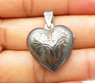 925 Silver - Vintage Floral Etched Love Heart Locket Pendant (opens) - P7287