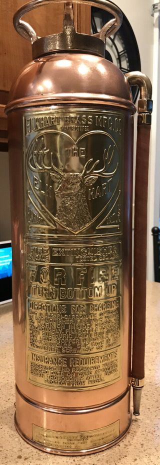 Elkhart Fire Extinguisher Vintage Antique Large Elk Copper W Brass Nameplate