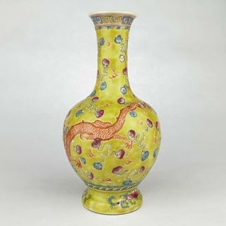 Antique Chinese Porcelain Dragon Vase Green/Yellow Ground Famille Rose Marked 3