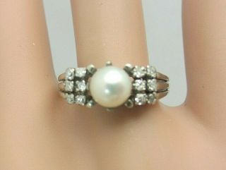 Vintage 18k White Gold 5 Mm.  Pearl And Diamond Ring 0.  12 Ct