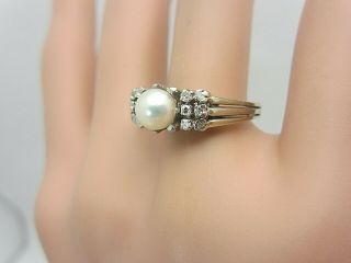 Vintage 18K White Gold 5 mm.  Pearl and Diamond Ring 0.  12 CT 2