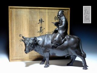 Signed Jurojin Ox Okimono Copper Statue Japanese Vintage Artwork