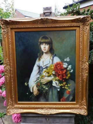 Vintage Old Painting Oil Portrait The Flower Girl