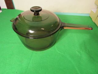 Vintage Corning Ware Vision Amber 2.  5 Liter Sauce Pan Pot W/ Pyrex Lid Glass