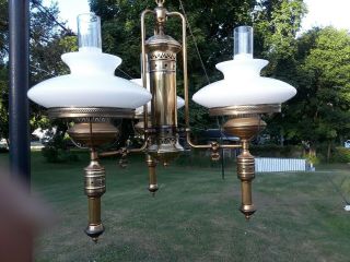 Vintage Brass Hanging Light Fixture W Three Milk Glass Shades (industrial