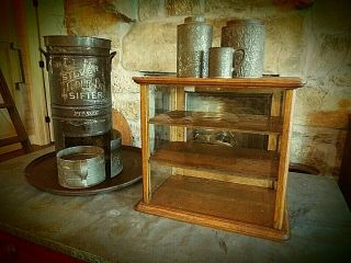 Antique Small Oak General Store Display Cabinet -