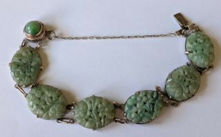 Antique Chinese Sterling Silver Carved Jade Bracelet