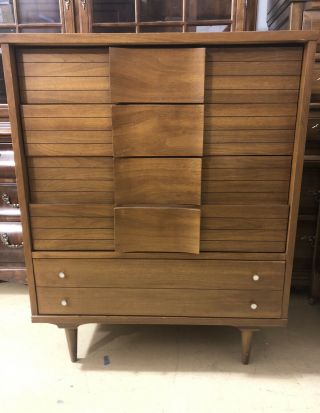 Vintage Mid - Century Modern Chest Dresser,  5 Drawers W/ Curved Handles,  Chestnut