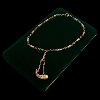 Antique Vintage Nouveau 14k Bi Gold Filled Gf Ruby Cornucopia Pendant Necklace