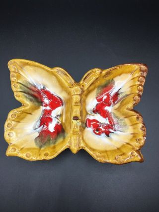 Vtg Brown Butterfly Ashtray W/ Red White Accents Mcm Midcentury Pottery Ceramic