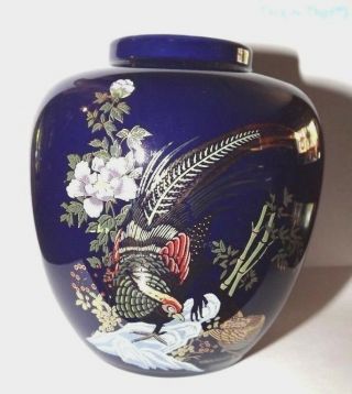 Vintage Jar Vase Oriental Japanese Navy Blue Porcelain Flowers & Pheasant Bird