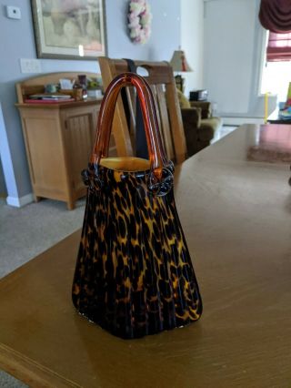 Vintage Murano Style Hand Blown Leopard Art Glass Pleated Purse Handbag Vase