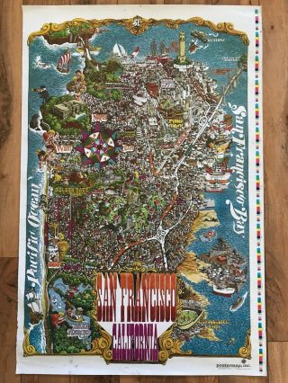 Large Vintage Illustrated Poster Map Of San Francisco - 1970