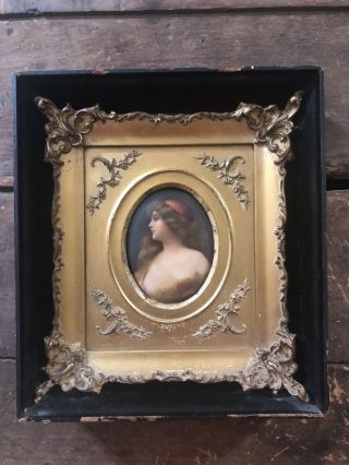 Antique Wagner Kpm Porcelain Plaque Painting Girl & Gold Gilt Frame