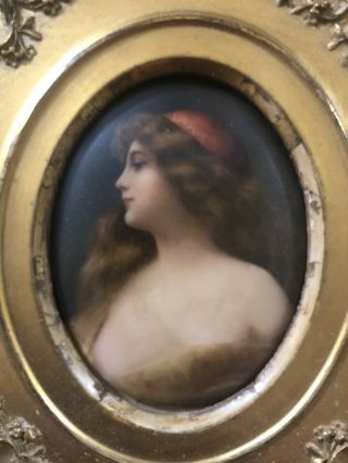 Antique WAGNER KPM Porcelain Plaque Painting Girl & Gold Gilt Frame 2