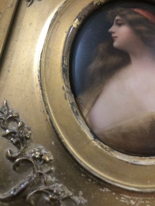 Antique WAGNER KPM Porcelain Plaque Painting Girl & Gold Gilt Frame 3