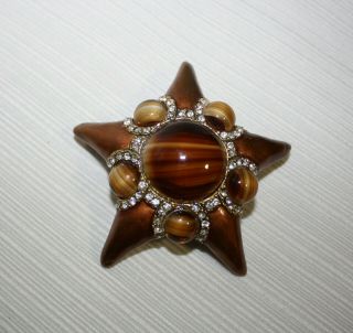Vintage Capri Tiger Eye Glass/clear Rhinestone 3 " Star Pin/brooch Or Pendant