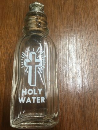 Vintage Catholic Holy Water Glass Bottle - Cork/metal Crown Top W Removable Pin