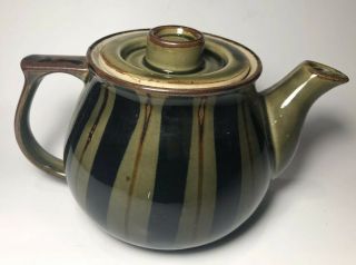 Vintage Ceramic Teapot Unmarked Green Black Stripes