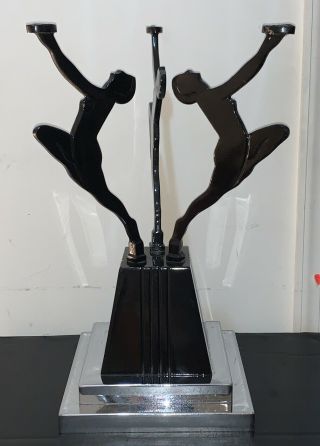 Antique Art Deco Nude Dancers Chrome Table Stand Only Black Enamel Sculpture