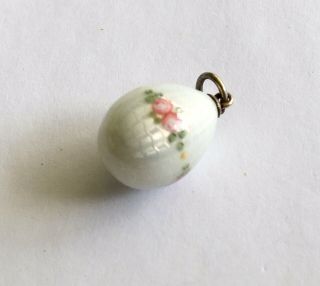 Antique Silver Enamel Egg Shaped Charm/drop With Pink Roses