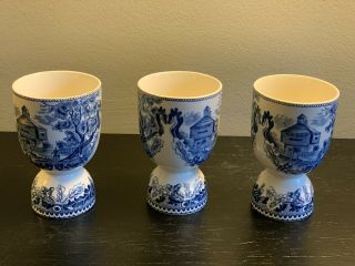 Set 3 Vintage Staffordshire England Blue White Double Egg Cup