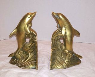 Brass Dolphins In Waves Book Bookends Hollow Brass 7 " Tall Library Ocean Vintage