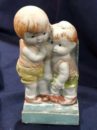 1930s Era Vintage Brother And Sister Toothbrush Holder In Unglazed Painted Bisq