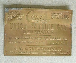 Vintage Colt Union Carbide Gas Generator Brass Name/ Label /plate
