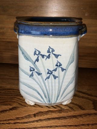 Vintage Blue And White Floral Pottery Vase Signed By Artist - Handmade