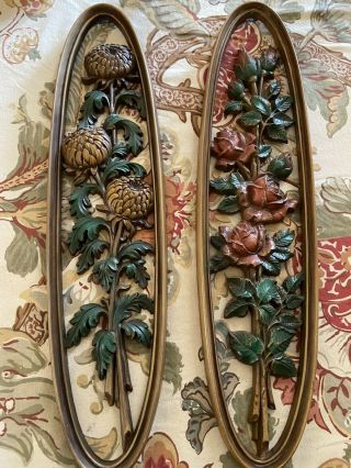 Vintage Syroco ? Floral Oval Wall Hanging Art Plaques Roses & Chrysanthemums