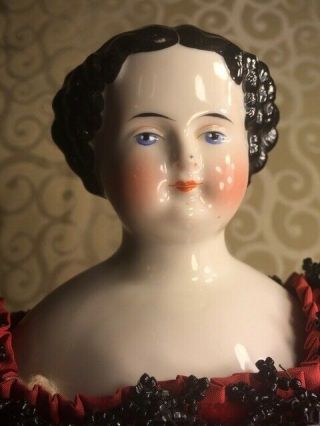 Antique 1870s German 21 " China Head Doll Flat Top High Brow Red Velvet Dress