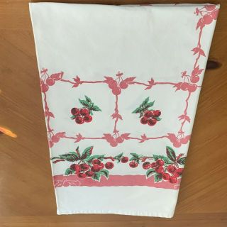 Vintage Cotton Tablecloth White With Red Cherries,  Pink Border 52 " X59 "
