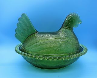 Vintage Avacodo/olive Green Indiana Glass Rooster Chicken Hen On Nest Candy Dish