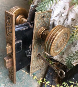 Antique Set Eastlake Victorian Aesthetic Backplates Door Knob Mortise Lock W Key