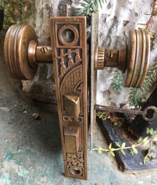 Antique Set EASTLAKE VICTORIAN AESTHETIC Backplates Door Knob Mortise Lock w Key 3