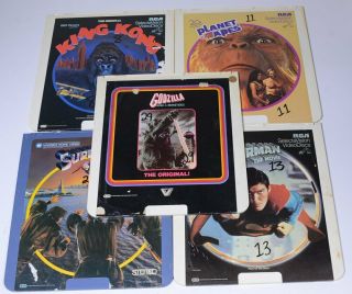 (5) Vintage Ced Videodiscs: Godzilla King Kong Planet Of Apes Superman 1 & 2