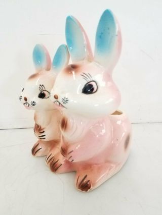 Vtg Ceramic Hand - Painted Pink Bunnies Rabbits Planter Wales Japan 7 "
