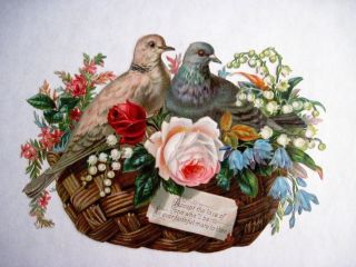 Vintage Large Die - Cut W/ Two Doves In A Basket Full Of Flowers W/ Verse