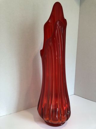Huge Retro Mcm Red Swung Glass Vase 6 Points Vtg 20.  75” Tall 6.  5” Diam