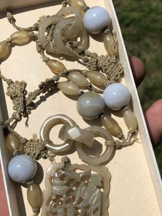 Vintage Qing CHINESE CARVED MUTTON FAT JADE DEVIL ' S WORK RINGS BEADED NECKLACE 3