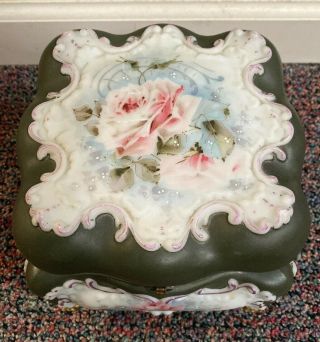 Antique Signed Wave Crest Large 6.  5” Footed Floral Glass Ormolu Dresser Box 2