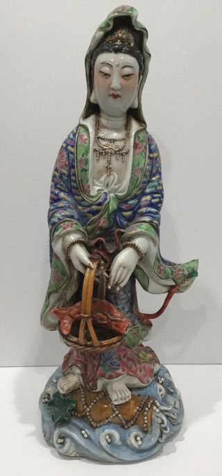 Large Vintage Chinese Export Famille Rose Porcelain Guanyin Figurine Statue 14”