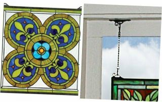 Stained Glass Panel - Fleur De Lis Quatrefoil Stained Glass Window Hangings - Wi