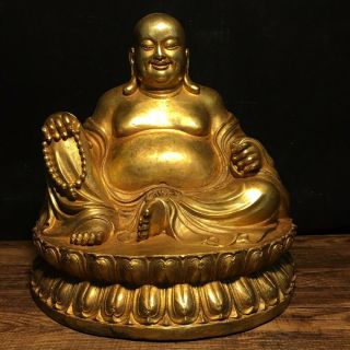 9 " Chinese Old Antique Bronze Gilt Sitting Big Belly Maitreya Buddha Statue