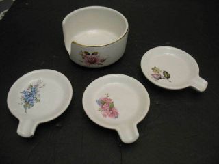 Vintage Individual Ceramic Ashtrays W/cradle Tea Bag Holder Pink Roses Gold Trim